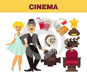 Retro cinema movie cinematography poster of actors and cinematograph equipment.