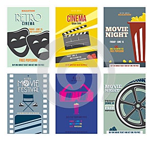 Retro Cinema Poster. Vintage Collection of Cinematography Icons. Colorful set of movie design elements