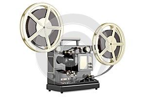 Retro cinema projector with movie reels, 3D rendering