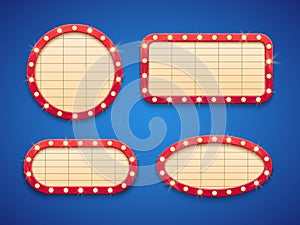 Retro cinema or theater lights marquee banner. Classic vintage Hollywood movie billboards with lamps. Isolated frame signs vector