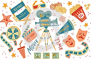 Retro cinema vector elements. Movie theater popcorn, retro film camera, filming clapperboard, glasses and movies ticket