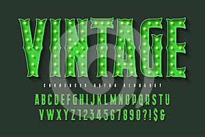 Retro circus alphabet design, cabaret, LED lamps letters and numbers.