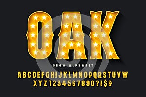 Retro circus alphabet design, cabaret, LED lamps letters and numbers