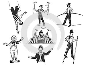 Retro circus performance set sketch vector