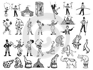 Retro circus performance set sketch vector