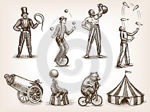 Retro circus performance set sketch vector