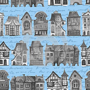 Retro city pattern.Set of watercolor colorful european amsterdam style houses