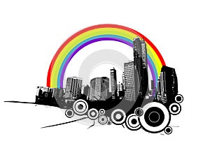 Retro city with rainbow.
