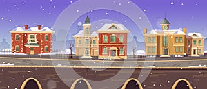 Retro city winter street with victorian buildings