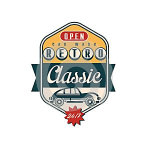 Retro classic car wash logo, open 24 7, auto service badge, retro vintage label vector Illustration on a white