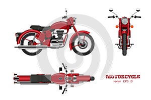 Retro classic motorcycle in realistic style. Side, top and front 3d view. Detailed image of vintage red motorbike