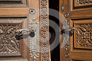 Retro classic wooden door and anitque lock door old style of Church of St. Ludmila