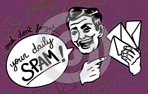 Retro clipart: Spam Excited spammer man gaily reminds you about the junk mail jamming your inbox