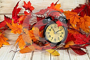 Retro Clock In Autumn Leaves For Time Change