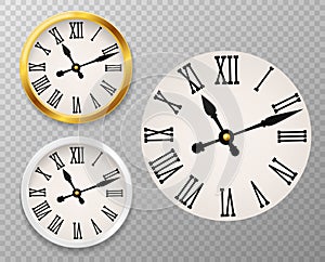 Retro clock face. Tower wall clocks with roman numerals and antique classic hands in golden and white round watch case