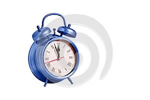 retro clock, pointer clock, blue color alarm clock on isolated white background