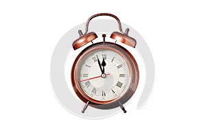 retro clock, pointer clock, brown color alarm clock on isolated white background