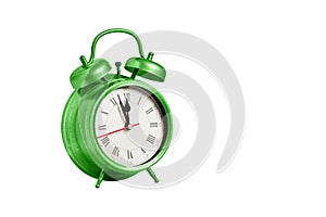 retro clock, pointer clock, green color alarm clock on isolated white background