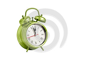 retro clock, pointer clock, green color alarm clock on isolated white background