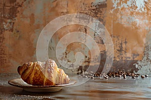 Retro coffee cup with croissant on vintage background