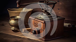 Retro coffee grinder on wooden table