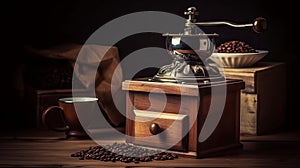 Retro coffee grinder on wooden table