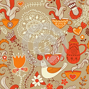 Retro coffee seamless pattern, tea background, texture with cups