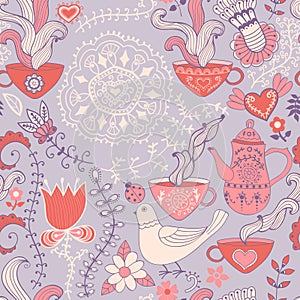 Retro coffee seamless pattern, tea background, texture with cups