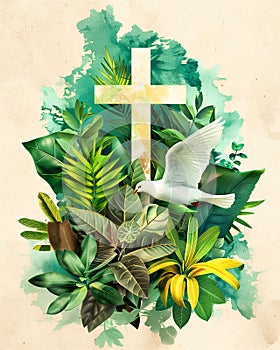 Retro collage art of Christian cross, a flying dove and natural environment