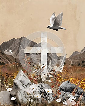 Retro collage art of Christian cross, a flying dove and natural environment