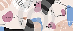 Retro collage outline female face art, vector stock illustration with simple geometric portrait of a woman or modern depicting