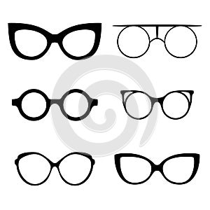 Retro collection of 6 various glasses. Sunglasses black silhouettes. Eye glasses set. Vector illustration