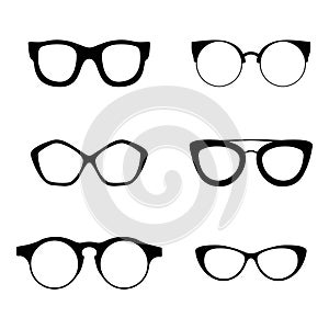 Retro collection of 6 various glasses. Sunglasses black silhouettes. Eye glasses set. Vector illustration