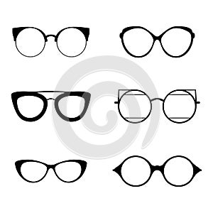 Retro collection of 6 various glasses. Sunglasses black silhouettes. Eye glasses set. Vector illustration