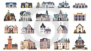 Retro colonial style buildings illustrated as a cartoon modern set. Old residential and government buildings, churches