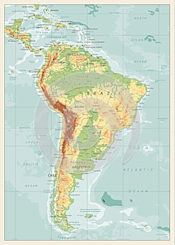 Retro Color Physical Map of South America