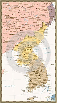 Retro color political map of the Korean Peninsula, Map Of North