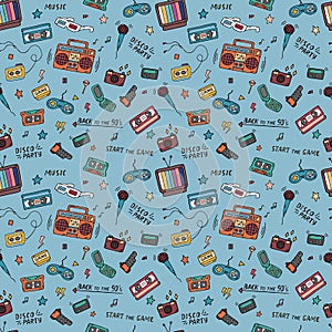 Retro colorful 90s pattern. Doodles seamless background. 1990s nostalgia. Trendy vector pattern for vintage designs