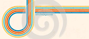 Retro colorful backdrop with bright curved stripes, groovy background with scuffed texture, old style abstract banner.