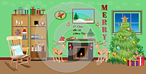 Retro colorful Christmas living room interior design with reindeer, christmas tree, Japanese dolls. Flat style vector illustration