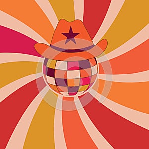 Retro colorful cowboy hat on disco ball with vintage sunburst red, orange and mustard