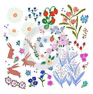 Retro colorful cute flowers, strawberry and rabbits hand-drawn illustration graphic resource collection set