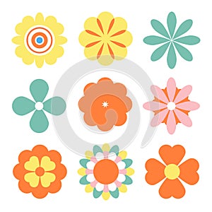 Retro colorful Flowers Set, 1970, Groovy style, Hippie stickers. Daisy flowers. geometric stickers, isolated vintage