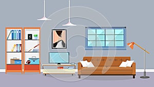 Retro colorful living room interior design. Flat style vector illustration Eps10