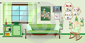 Retro colorful living room interior design with sofa, cabinet, hat and flowers. Flat style vector illustration