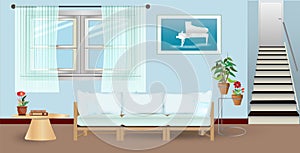 Retro colorful living room interior design with sofa, cabinet, piano picture and flowers. Flat style vector illustration