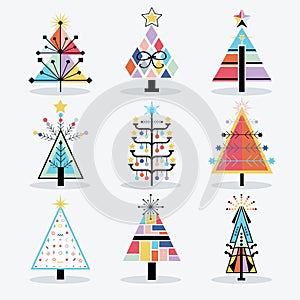 Retro colorful and trendy isolated pop art Christmas trees icons set