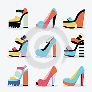 Retro colorful and trendy women isolated platform high heel shoes set