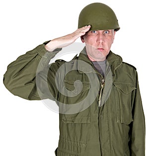 Retro Combat Soldier, Military Army Veteran, Salute, Isolated photo