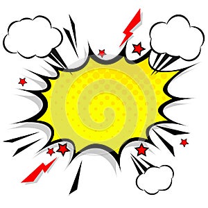 Retro comic design speech bubbles. Flash explosion with clouds